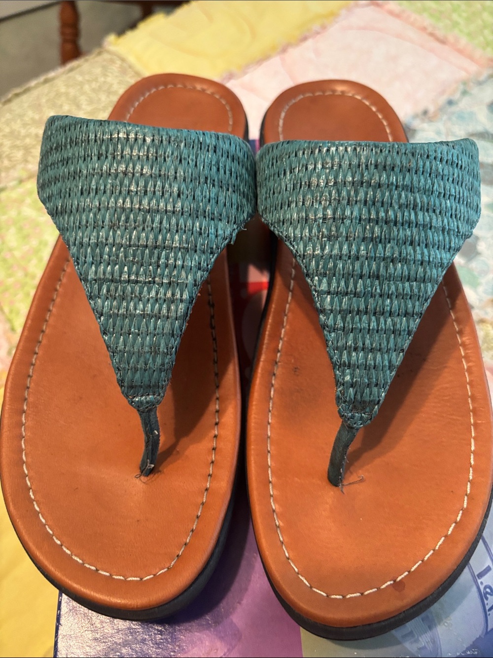 Fitflop Teal Woven Thong Sandals with Brown Footbed - Picture 5 of 7
